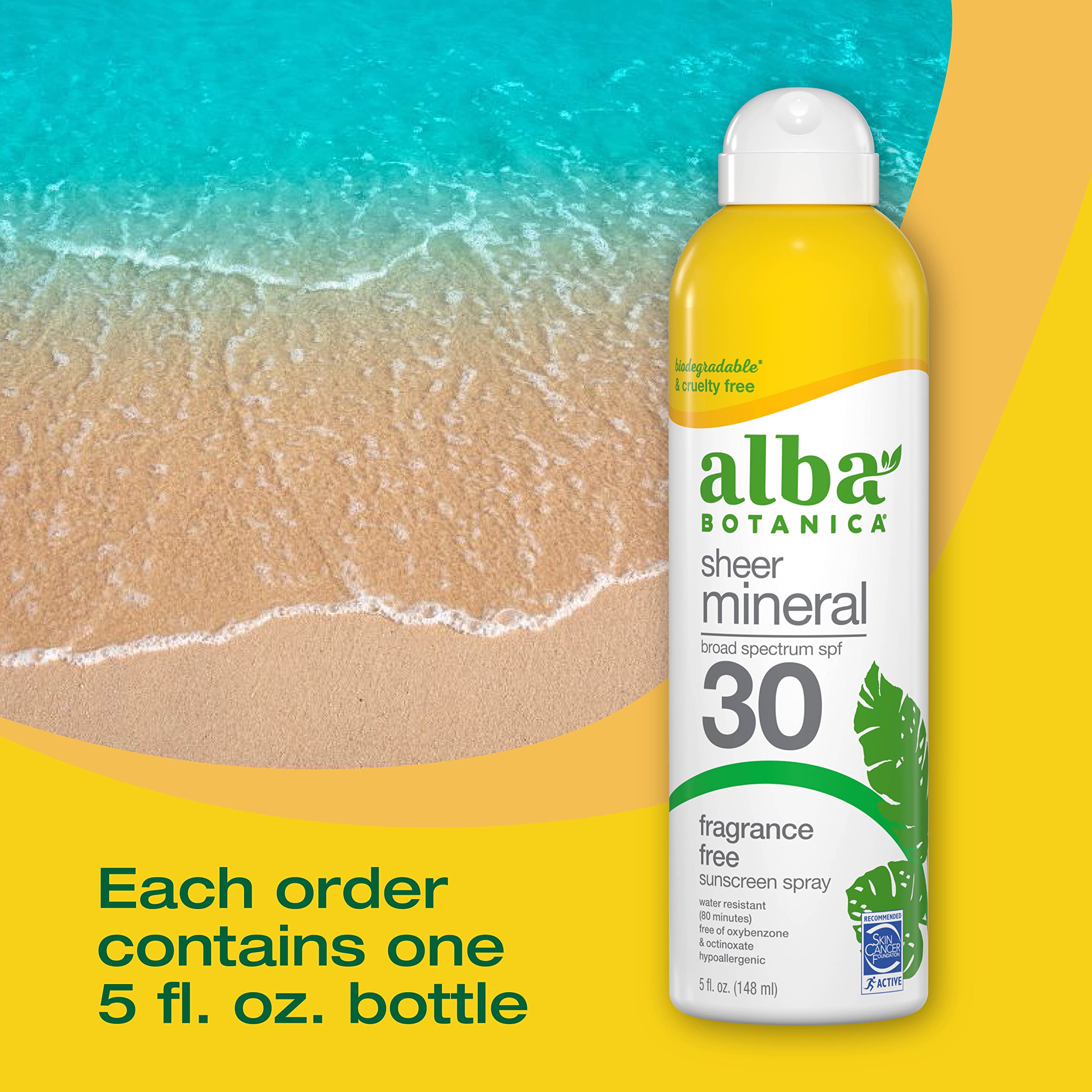 Alba Botanica Sheer Mineral Sunscreen Spray, SPF 30, Fragrance-Free Broad Spectrum, Water Resistant and Biodegradable, 5 fl. Oz. Bottle