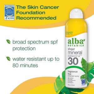 Alba Botanica Sheer Mineral Sunscreen Spray, SPF 30, Fragrance-Free Broad Spectrum, Water Resistant and Biodegradable, 5 fl. Oz. Bottle