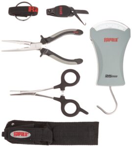 rapala combo pack 6 1/2 pliers / 5 1/2 forceps / 25 lb.scale / clipper/ sheath