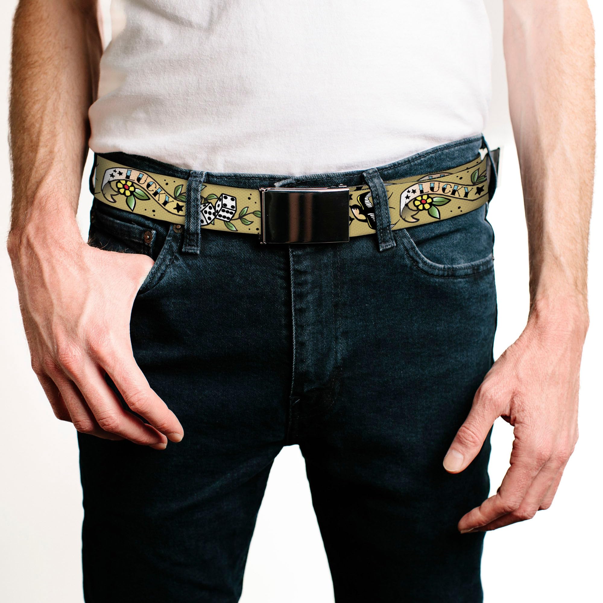 Buckle-Down mens Buckle-down Web Lucky Tattoo 1.5" Belt, Multicolor, 1.5 Wide - Fits up to 42 Pant Size US