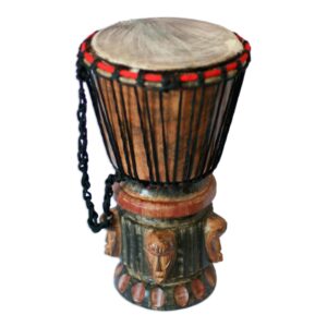 NOVICA Hand Carved Wood Goatskin Djembe Drum with Cotton Strap, Think Together'