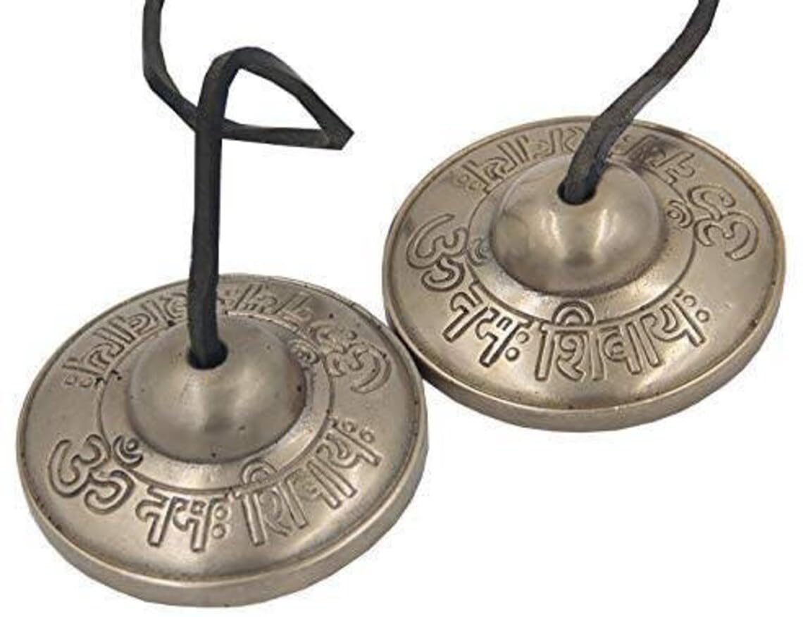 2.25” Diameter Tibetan Tingsha Bell Cymbals Set - Om Nama Shivay Embossed Chimes - Great for Yoga, Meditation, Spiritual, Mindfulness or Relaxation - Handmade in Nepal