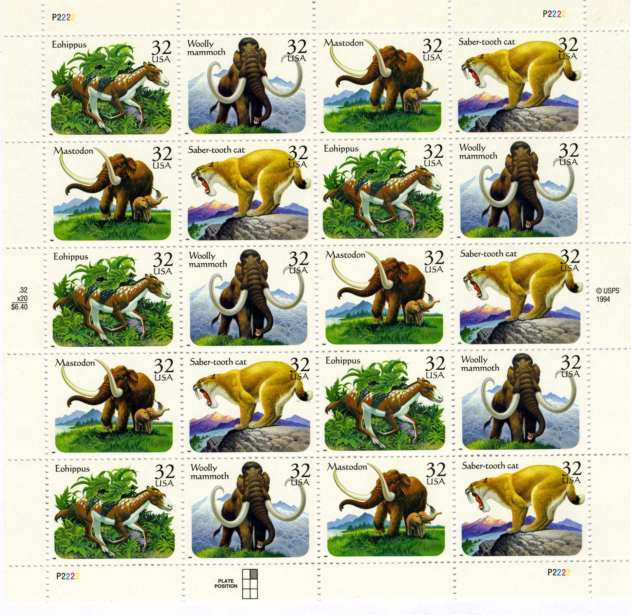 USPS Prehistoric Animals Sheet of Twenty X 32 Cent Postage Stamps Scott 3080a