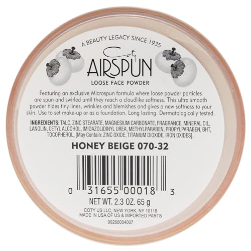 Coty Airspun Loose Face Powder 2.3 Ounce Honey Beige Light Peach Tone Loose Face Powder, for Setting or Foundation, Lightweight, Long Lasting, Pack of 1