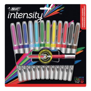 BIC Intensity Fashion Permanent Markers, Ultra Fine Point, Assorted Colors, Non-Slip Grip For Comfort & Control, 12-Count