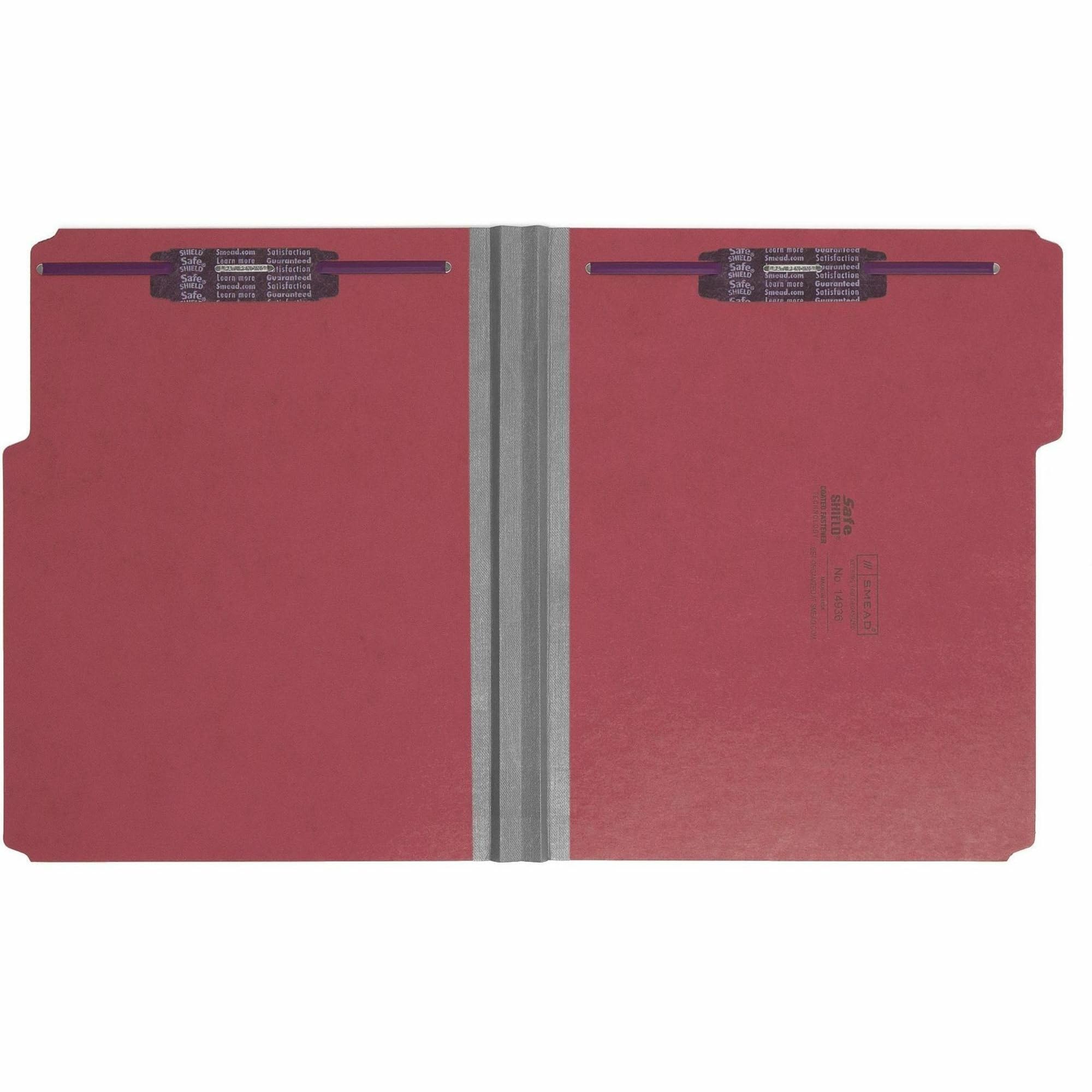 Smead Pressboard Fastener File Folder with SafeSHIELD Fasteners, 2 Fasteners, 1/3-Cut Tab, 2" Expansion, Letter Size, Bright Red, 25 per Box (14936)