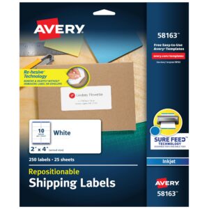 avery repositionable printable shipping labels with sure feed, 2" x 4", white, 250 blank mailing labels (58163)