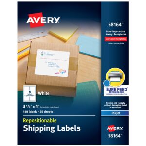 avery repositionable shipping labels for inkjet printers 3-1/3 x 4, box of 150 (58164)