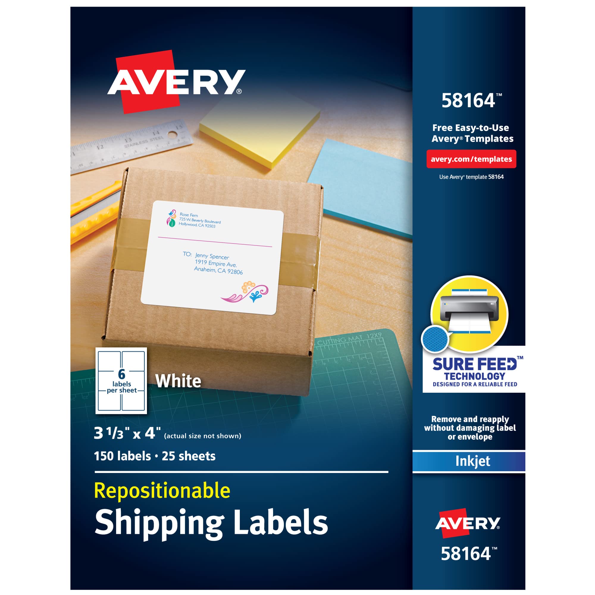 Avery Repositionable Shipping Labels for Inkjet Printers 3-1/3 x 4, Box of 150 (58164)