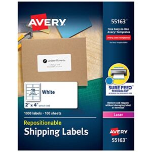 Avery Repositionable Shipping Labels for Laser Printers 2 x 4, Box of 1,000 (55163)