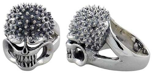 Sterling Silver Gothic Biker Skull Ring w/Spikes, 1 1/16 inch wide, size 9