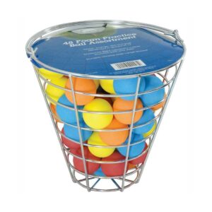 intech 48 multi-color foam golf balls with metal range basket, soft limited flight practice golf balls for backyard or indoor use