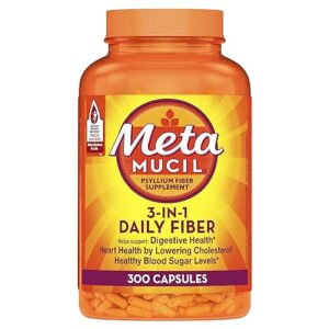 metamucil 3-in-1 fiber capsules, daily fiber supplement for digestive health, plant-based psyllium husk fiber capsules, #1 doctor recommended fiber brand, 300ct capsules