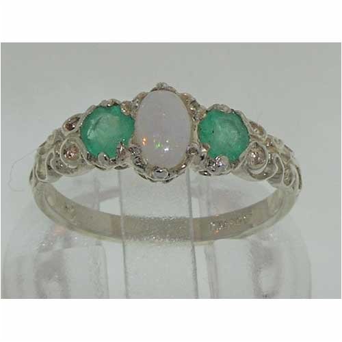 LetsBuyGold 925 Sterling Silver Real Genuine Opal and Emerald Womens Band Ring - Size 7