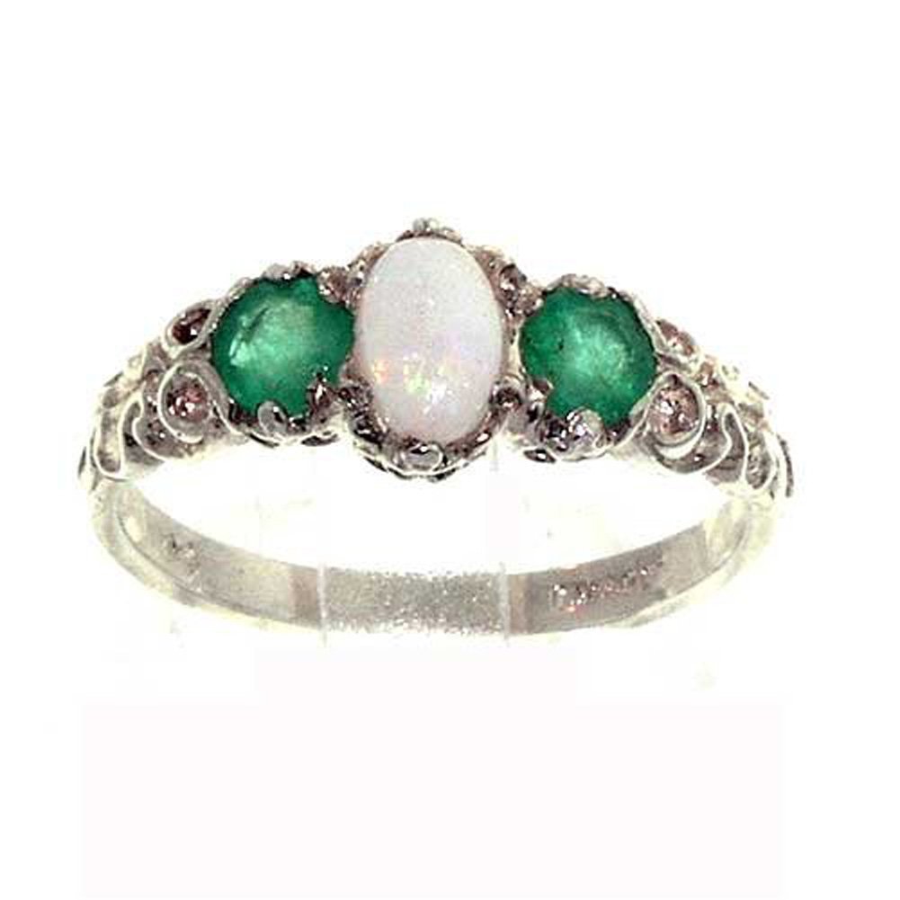 LetsBuyGold 925 Sterling Silver Real Genuine Opal and Emerald Womens Trilogy Engagement Ring - Size 6