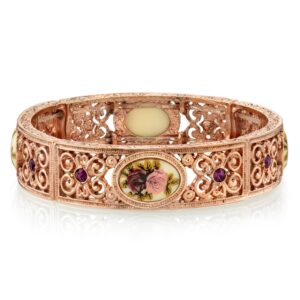 1928 Jewelry Women's Rose Gold Tone Manor House Rose Purple Crystal Flower Stretch Bracelet