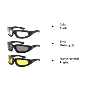 3 Pairs of Choppers Glasses Padded Frame Clear Yellow Smoke Lense Block 100% UVB for Outdoor Activity Spot