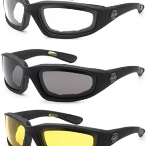 3 Pairs of Choppers Glasses Padded Frame Clear Yellow Smoke Lense Block 100% UVB for Outdoor Activity Spot