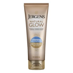 jergens natural glow +firming self tanner, sunless tanning lotion for fair to medium skin tone, anti cellulite firming body lotion for natural-looking tan, 7.5 ounce