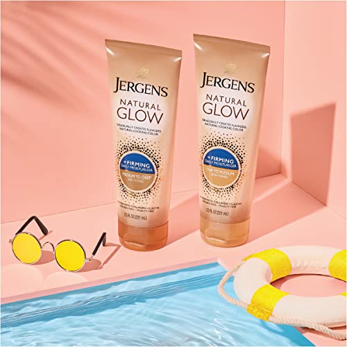 Jergens Natural Glow +FIRMING Self Tanner, Sunless Tanning Lotion for Fair to Medium Skin Tone, Anti Cellulite Firming Body Lotion for Natural-Looking Tan, 7.5 Ounce