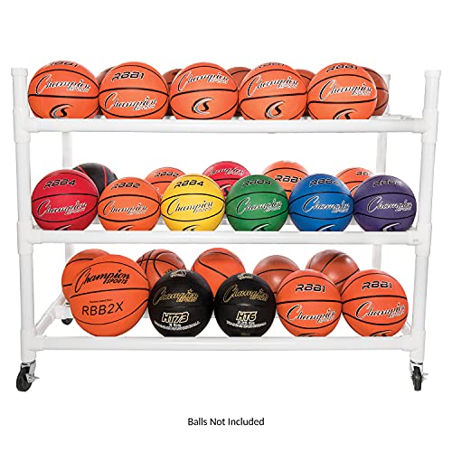 Champion Sports Three Tier Basketball Storage Cart with Locking Swivel Caster Wheels, 30 Ball Capacity (White)