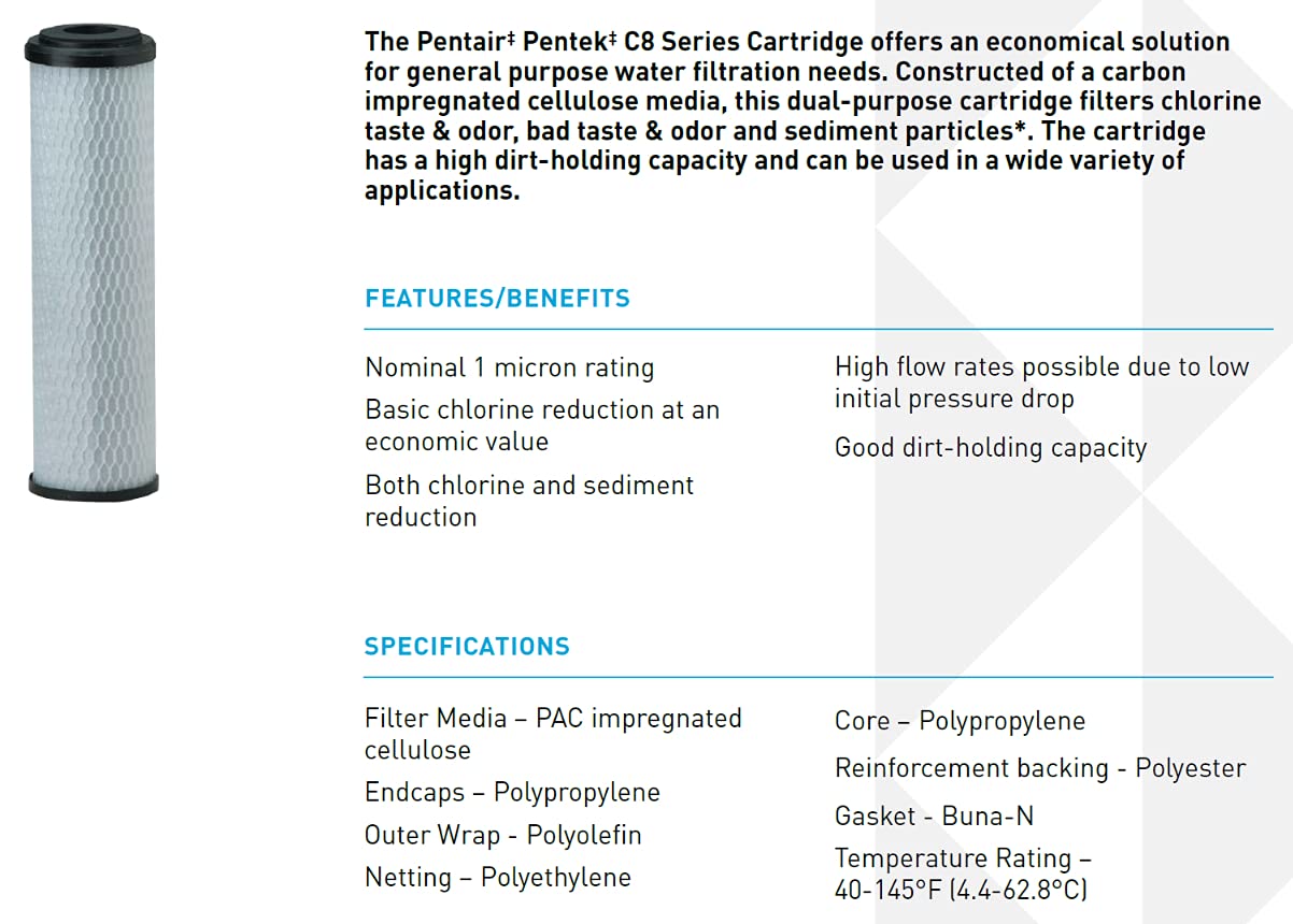 Pentair Pentek C8 Carbon Water Filter, 10-Inch, Under Sink Dual Purpose Powder-Activated Carbon-Impregnated Polyester Replacement Cartridge, 10" x 2.5", 1 Micron