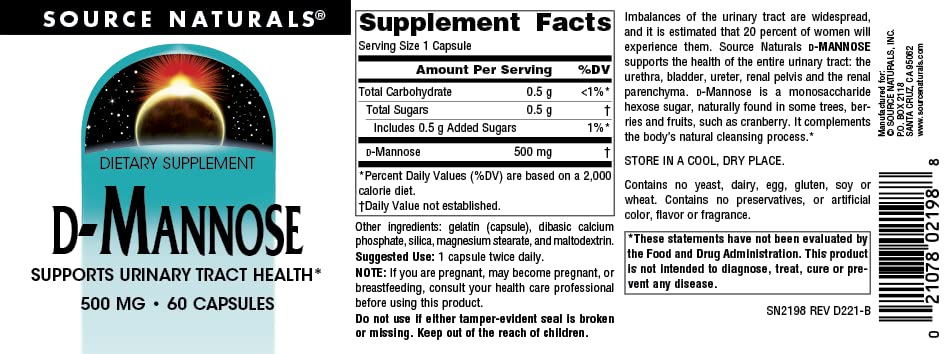 Source Naturals D-Mannose, Potent Urinary Tract & Bladder Health Support*, 500mg - 60 Capsules