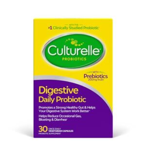 culturelle daily probiotic capsules for men & women, most clinically studied probiotic strain, digestive & gut health, supports occasional diarrhea, gas & bloating, 1 month supply, 30 ct