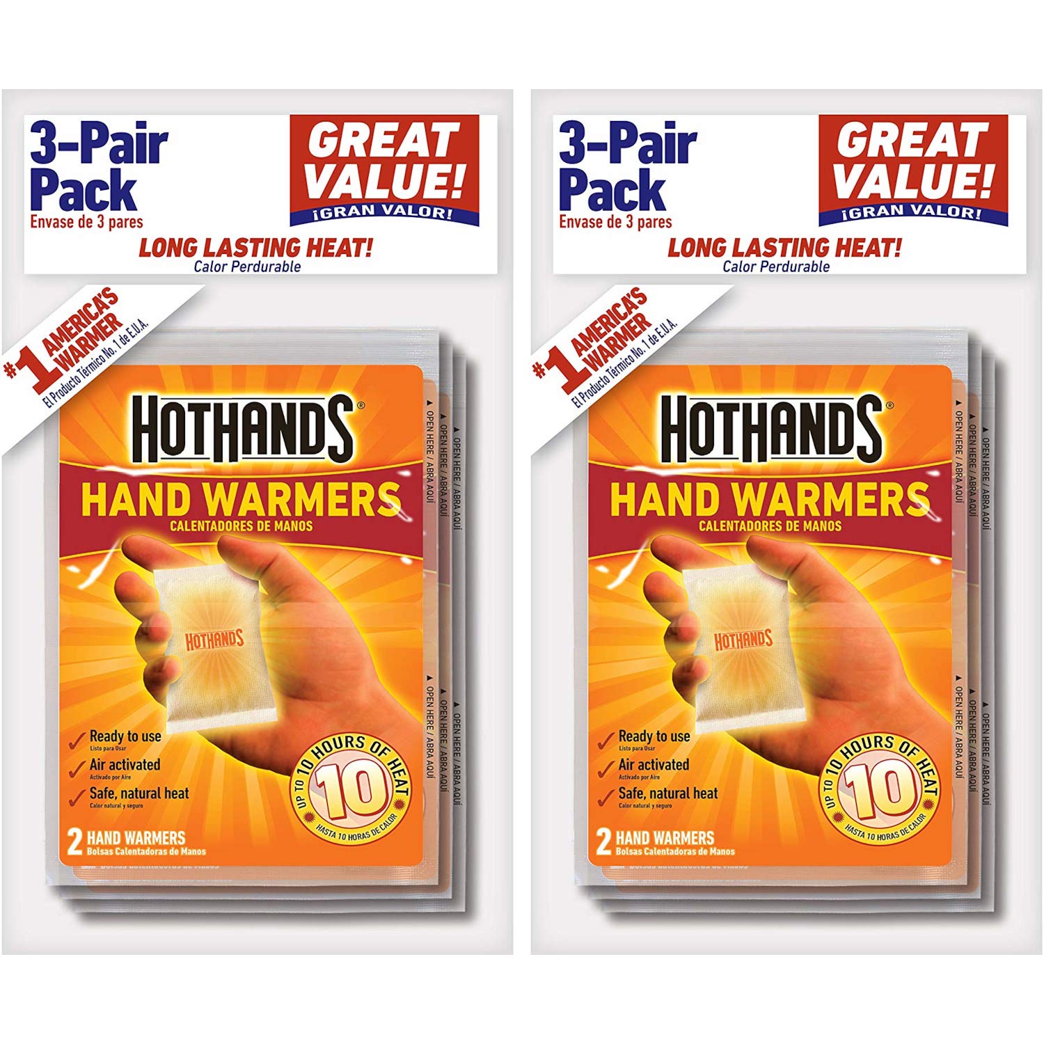 HotHands Air Activated Hand Warmers, Up to 10 Hours of Heat, 3 Pairs each (Value Pack of 2)