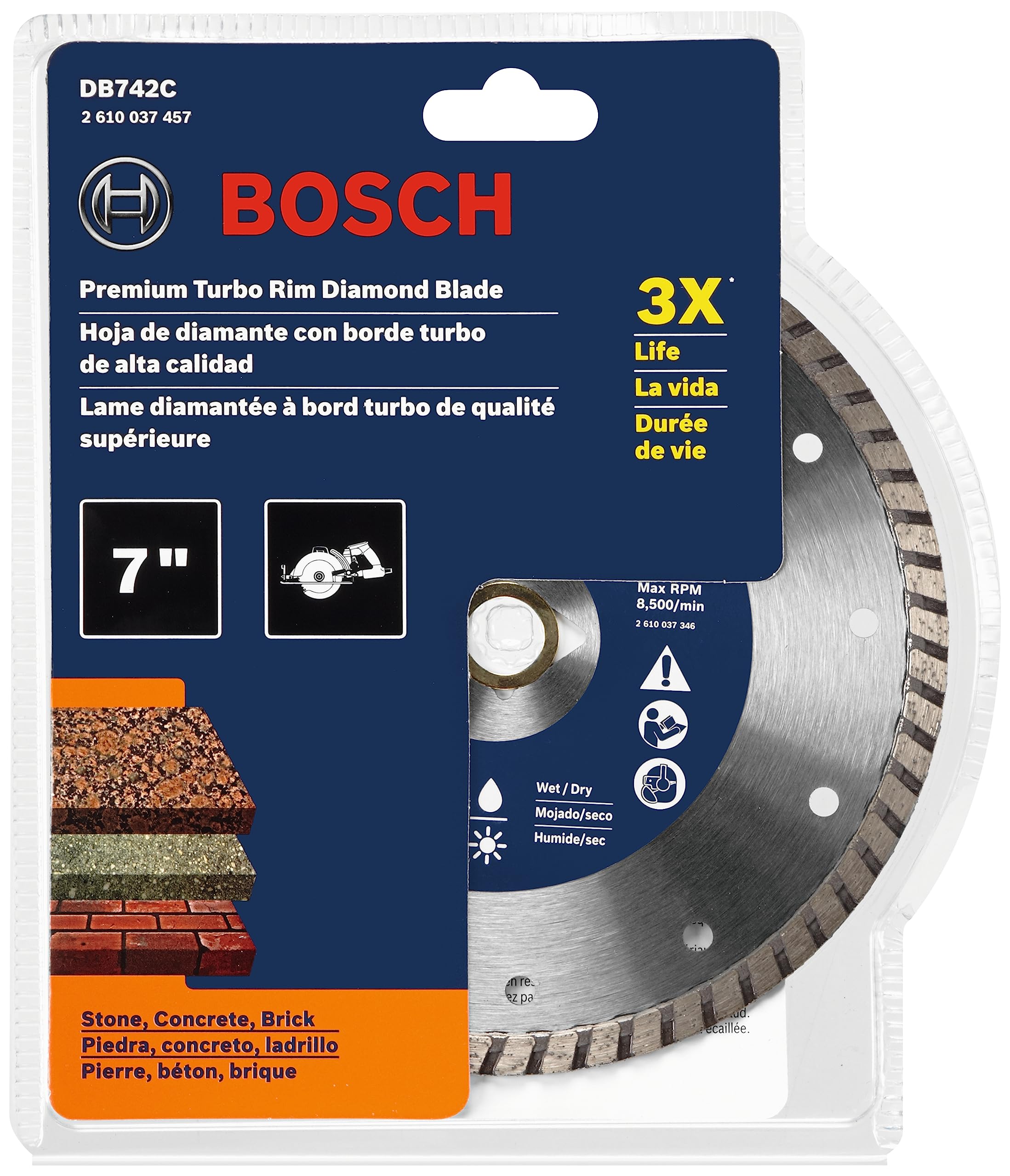 BOSCH DB742C 7 In. Premium Turbo Rim Diamond Blade with 7/8 In. Diamond Arbor Knockout for Smooth Cut Wet/Dry Cutting Applications in Concrete, Masonry