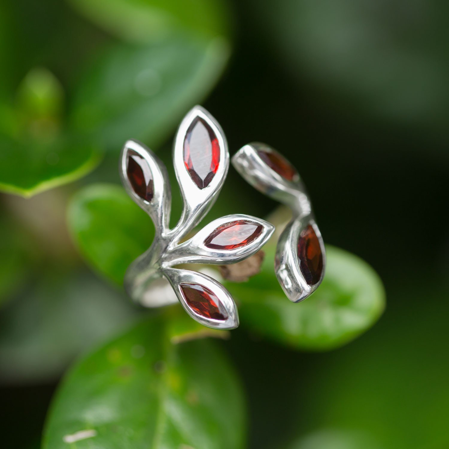 Garnet Marquise Leaf Sterling Silver Wrap Around Ring Adjustable, 7