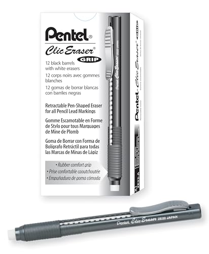 Pentel Clic Eraser Grip, Retractable Eraser, Black Barrel, Box of 12 (ZE22A)