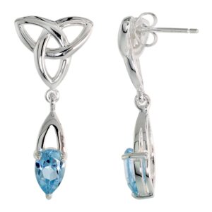 sterling silver blue topaz triquetra earrings celtic trinity knot dangle post flawless finish, 1 1/4 inch