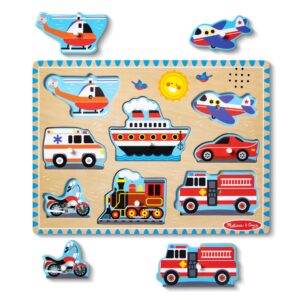 melissa & doug vehicles sound puzzle - wooden peg puzzle with sound effects (8 pcs) - sound puzzles for toddlers, wooden puzzles for kids ages 2+, multicolor, 11.95 x 8.8 x 1.05