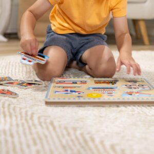 Melissa & Doug Vehicles Sound Puzzle - Wooden Peg Puzzle With Sound Effects (8 pcs) - Sound Puzzles for Toddlers, Wooden Puzzles For Kids Ages 2+, Multicolor, 11.95 x 8.8 x 1.05