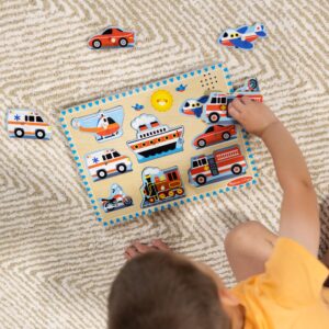 Melissa & Doug Vehicles Sound Puzzle - Wooden Peg Puzzle With Sound Effects (8 pcs) - Sound Puzzles for Toddlers, Wooden Puzzles For Kids Ages 2+, Multicolor, 11.95 x 8.8 x 1.05