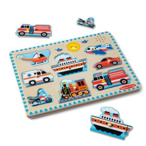 Melissa & Doug Vehicles Sound Puzzle - Wooden Peg Puzzle With Sound Effects (8 pcs) - Sound Puzzles for Toddlers, Wooden Puzzles For Kids Ages 2+, Multicolor, 11.95 x 8.8 x 1.05