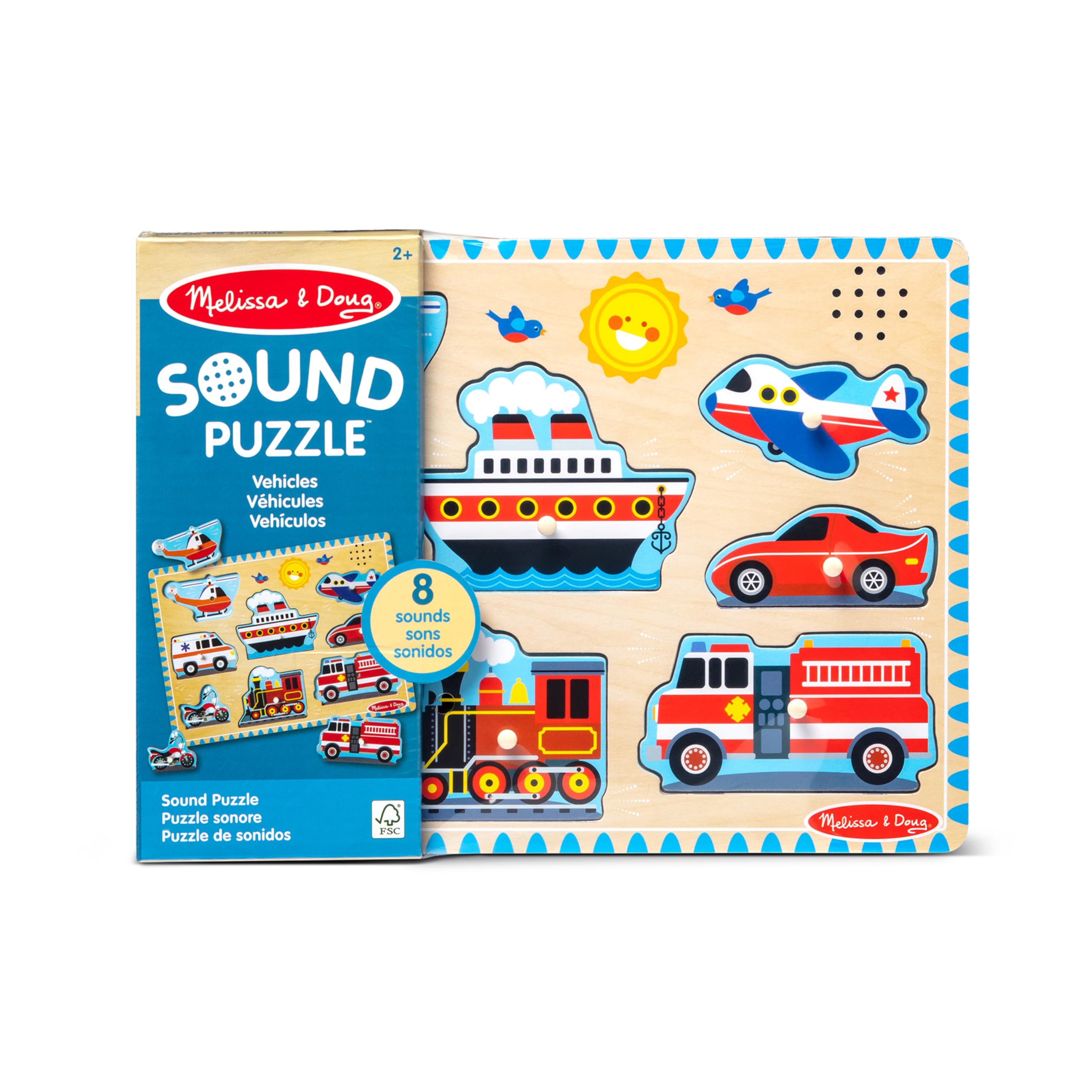 Melissa & Doug Vehicles Sound Puzzle - Wooden Peg Puzzle With Sound Effects (8 pcs) - Sound Puzzles for Toddlers, Wooden Puzzles For Kids Ages 2+, Multicolor, 11.95 x 8.8 x 1.05