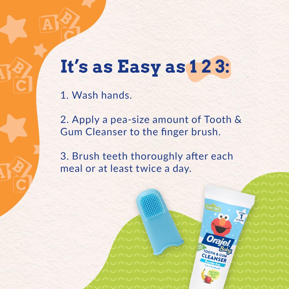 Orajel Baby Elmo Tooth & Gum Cleanser Fluoride-Free, 1 Finger brush, 1 Toothpaste 1oz; #1 Pediatrician Recommended Fluoride-Free Toothpaste*