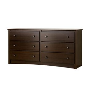 prepac fremont bedroom furniture: espresso double dresser for bedroom, 6-drawer wide chest of drawers, traditional bedroom dresser, edc-6330-v, 59"w x 17.5"d x 29"h