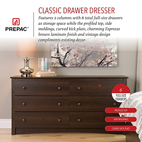 Prepac Fremont Bedroom Furniture: Espresso Double Dresser for Bedroom, 6-Drawer Wide Chest of Drawers, Traditional Bedroom Dresser, EDC-6330-V, 59"W x 17.5"D x 29"H