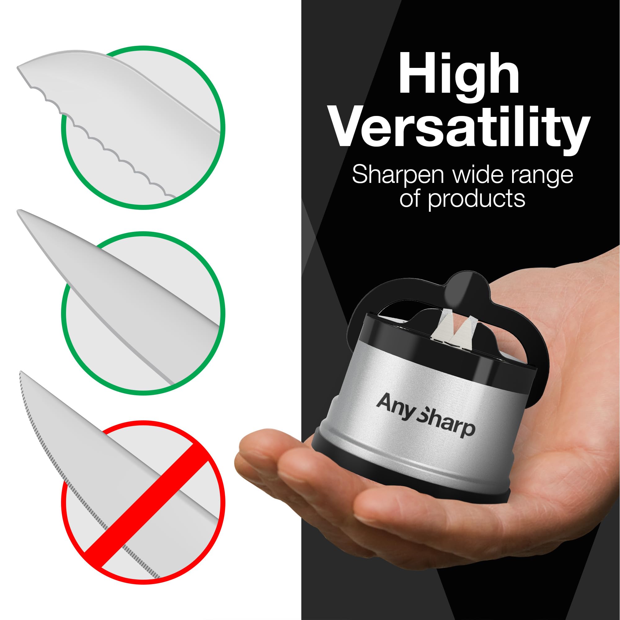 AnySharp Essentials - Knife Sharpener with PowerGrip - For Knives and Serrated Blades - Silver