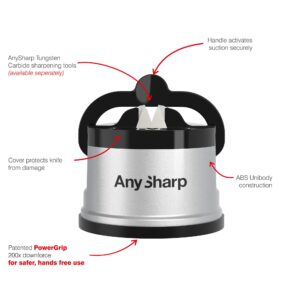 AnySharp Essentials - Knife Sharpener with PowerGrip - For Knives and Serrated Blades - Silver