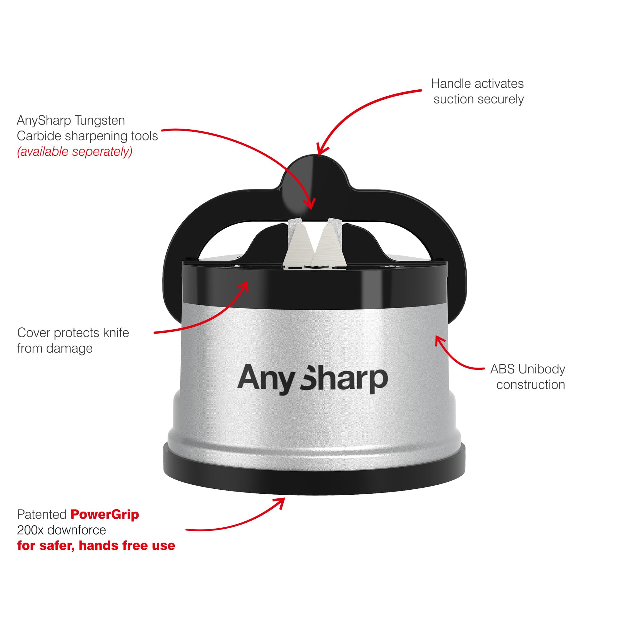 AnySharp Essentials - Knife Sharpener with PowerGrip - For Knives and Serrated Blades - Silver