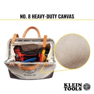 Klein Tools 5102-12 Heavy Duty Natural Canvas Tool Bag, Tool Tote, Multi-Purpose Bag with Wide Hinged Opening and Leather Handles, 12-Inch