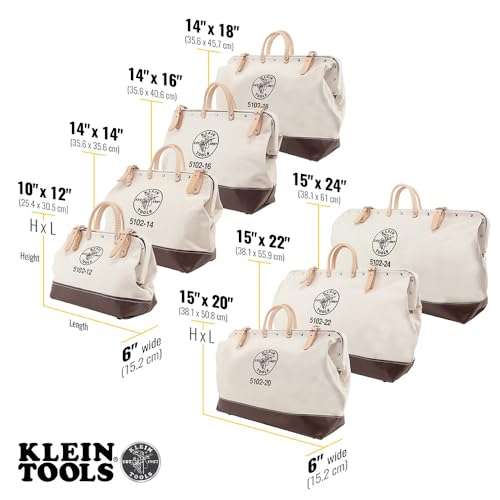 Klein Tools 5102-12 Heavy Duty Natural Canvas Tool Bag, Tool Tote, Multi-Purpose Bag with Wide Hinged Opening and Leather Handles, 12-Inch