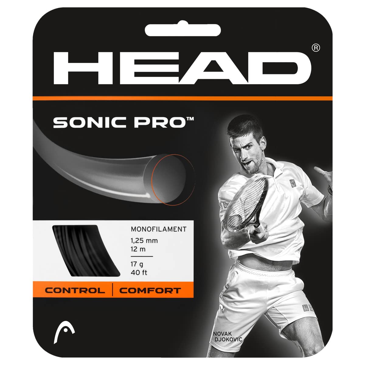 HEAD Sonic Pro Tennis Racket String 40' Set - 17 Gauge Monofilament Racquet String, Black