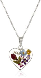 amazon essentials sterling silver multi-colored pressed flower heart pendant necklace, 16" (previously amazon collection)