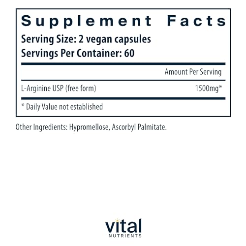 Vital Nutrients - Arginine - L-Arginine Amino Acid Support for Circulatory and Heart Health - 120 Vegetarian Capsules per Bottle - 1500 mg