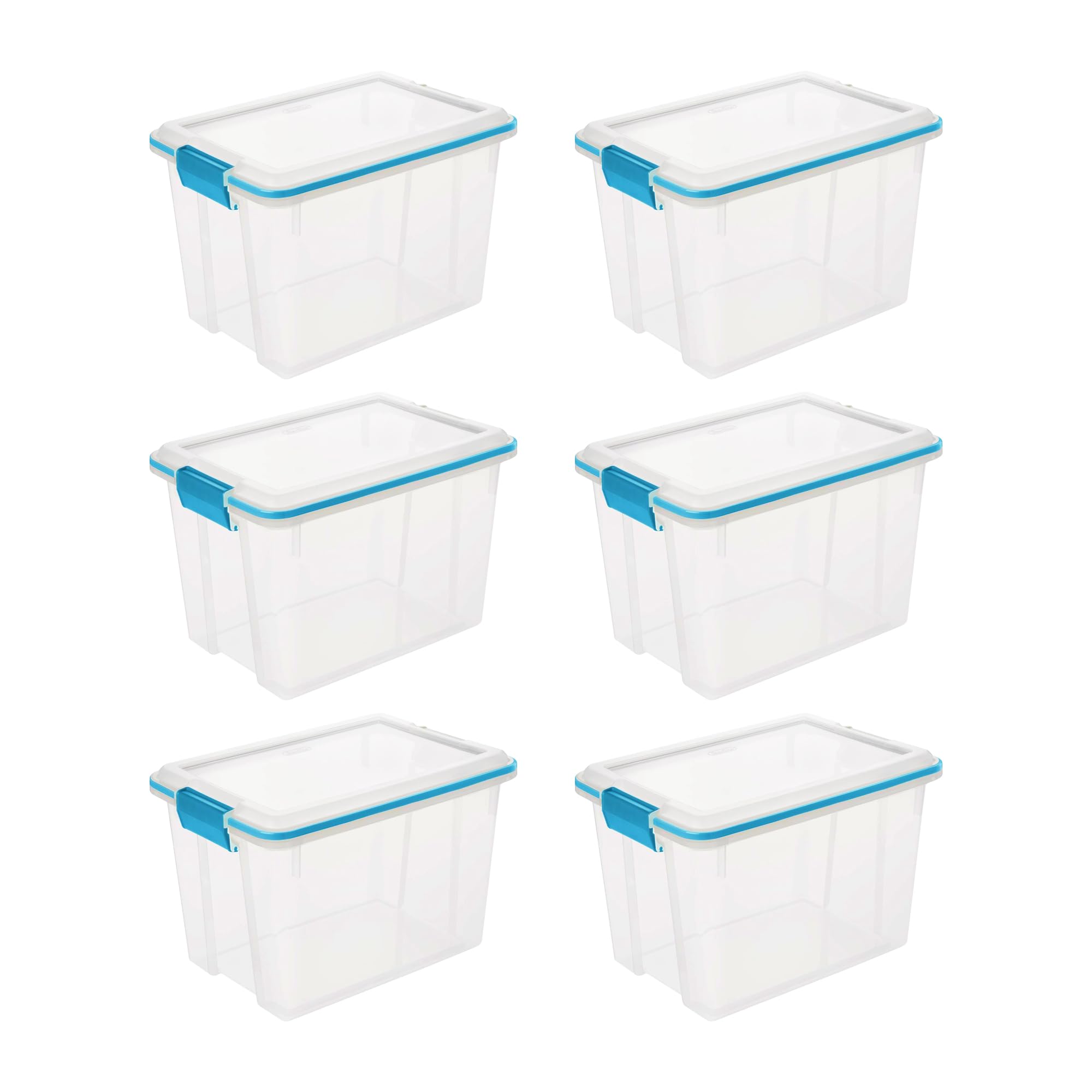 Sterilite 20 Qt Gasket Box, Stackable Storage Bin with Latching Lid and Tight Seal, Plastic Container to Organize Basement, Clear Base and Lid, 6-Pack